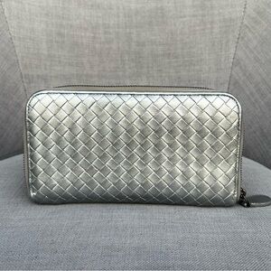 Bottega Veneta Silver Intrecciato Zip Around Wallet Leather